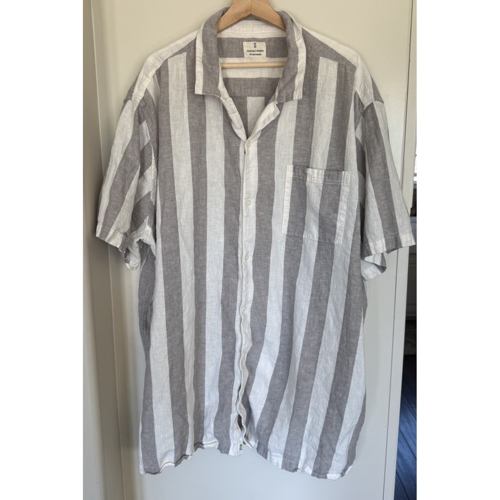 Mens Mutual Weave 4XLT Grey White Striped Button Down Linen Blend Casual Beach
